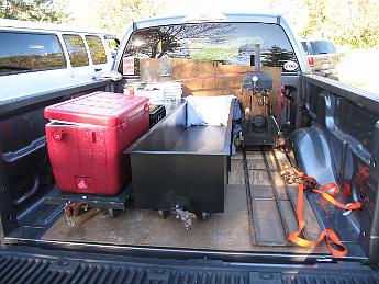  16-Oct-2011 Trainset in a truck! Newly painted red water tank, new gondola and newly plumbed Crab ready for some fun at the SLLS fall meet.