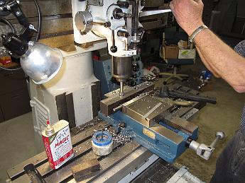 ANewFixedJawForTheVice19Jan09 002 Drilling the bolting holes for the vise bending fixture.