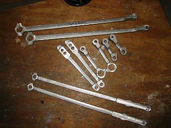 ValveMotion26Nov08 007 28-Nov-08 At the end of the night, most of the rods have been drilled and bored.  Next to drill the Radius Rod, Eccentric Rod and cut the slots and put the bearings in.