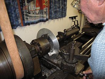 SmokeboxShellHinges4Apr08 001 4-Apr-09 Looking at the smokebox front print, we realized we did not turn it to the correct thickness and put the relief step in the back.  So back onto the big lathe it goes again.
