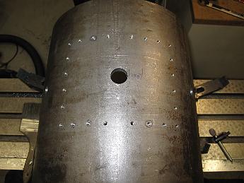 SmokeboxShellSaddleDrilling28Feb08 009 Here's what the smokebox shell looks like after 24 iterations (about 4 hours) of align, drill and tap operations.