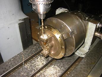 MikadoRearValveCovers11Oct06 002 11-Oct-06 Drilling and tapping the piston crosshead guide lugs in a horizontal rotary index friend Alan H. gave me.