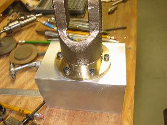 MikadoRearValveCovers14Oct06 004 14-Oct-06 The completed Valve Crosshead holding fixture (the aluminum block) with the crosshead bolted on and ready for use. Next time, machining the crosshead slots into the casting.